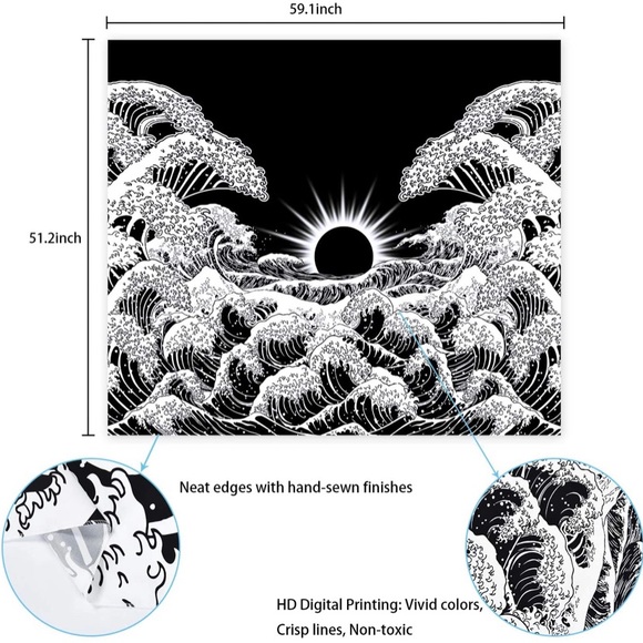 Black & White Moon and Waves Tapestry - Picture 6 of 7